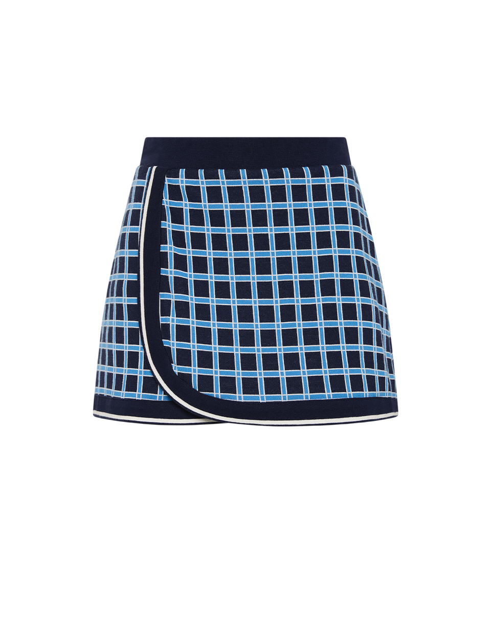 Navy blue skirt with a light blue checkered pattern on a white background