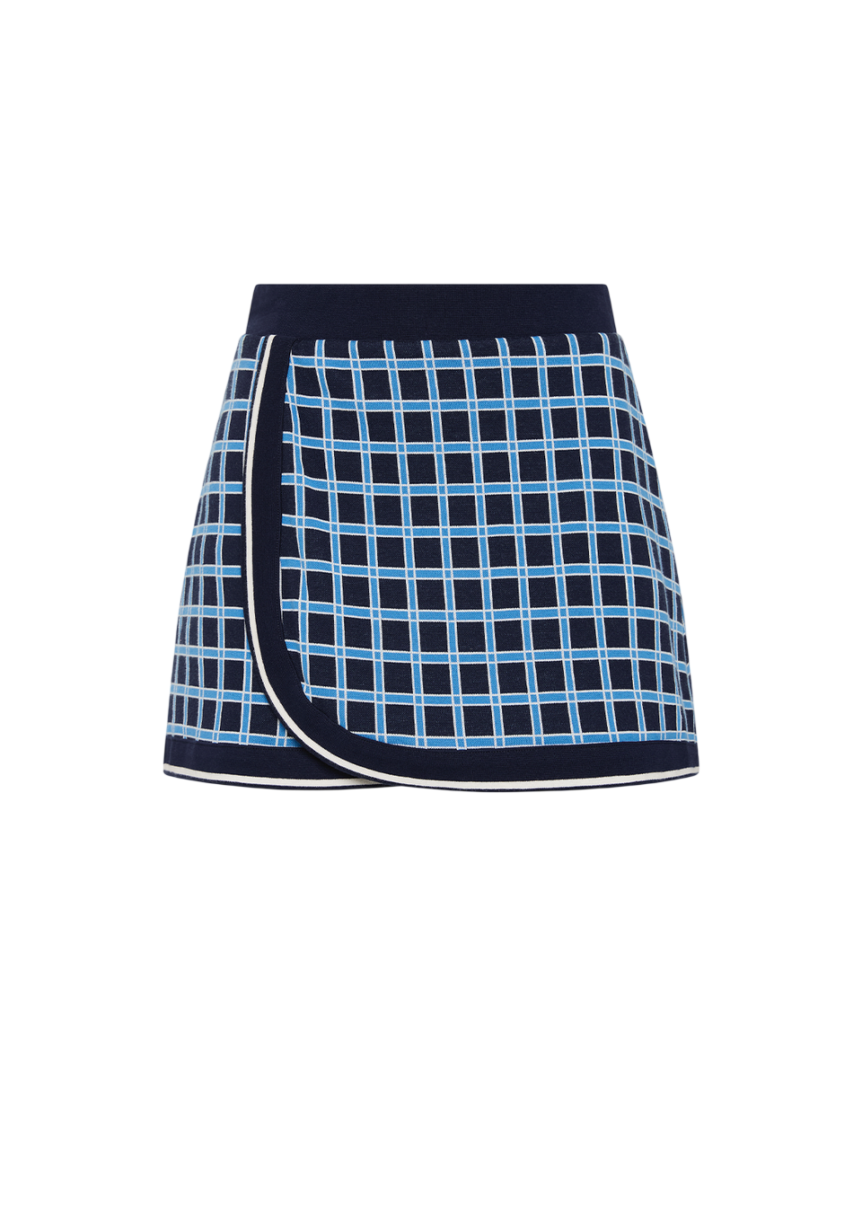 Navy blue skirt with a light blue checkered pattern on a white background
