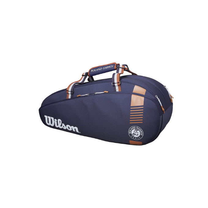 Navy blue tennis bag with Wilson branding on a white background