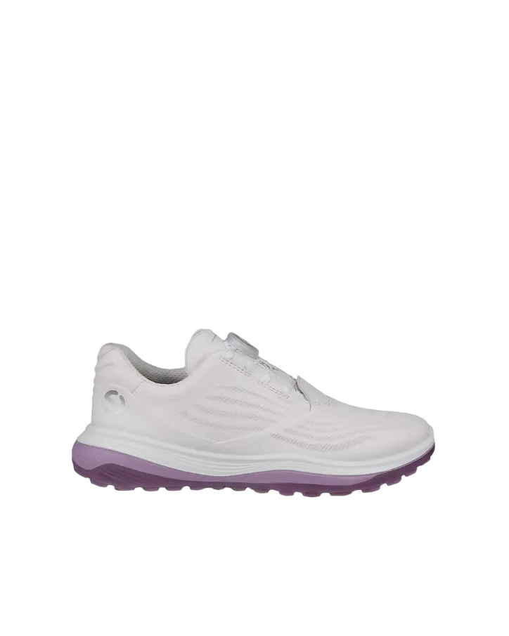White sneaker with purple sole on a light gray background