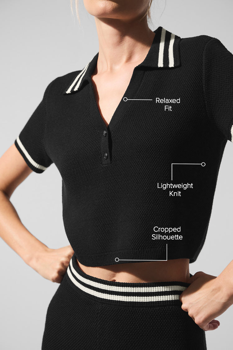 Espresso Brown cropped sweater knit polo with collar detail, front view on white background