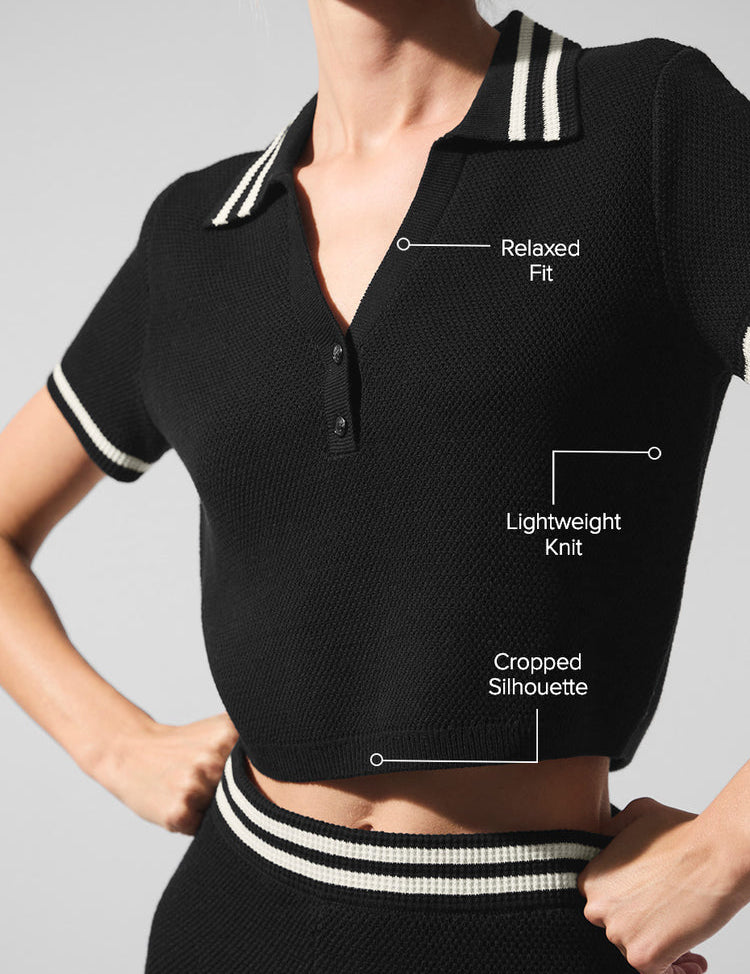Espresso Brown cropped sweater knit polo with collar detail, front view on white background
