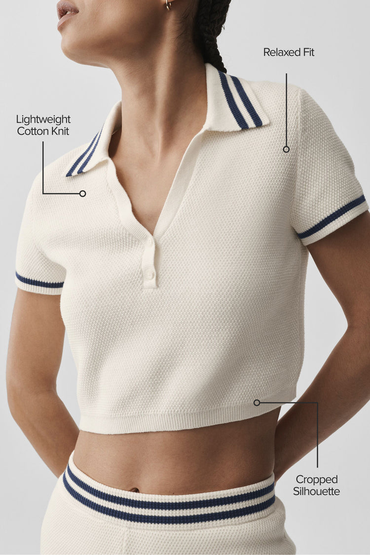 Sky Blue cropped sweater knit polo with collar detail, front view on white background