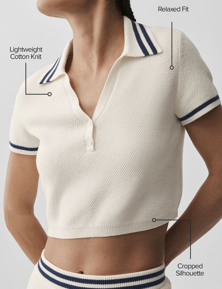 Sky Blue cropped sweater knit polo with collar detail, front view on white background