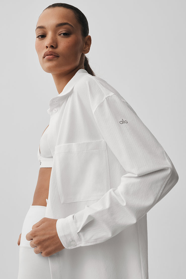 Model wearing Alo Yoga Dreamscape Button Down Long Sleeve
