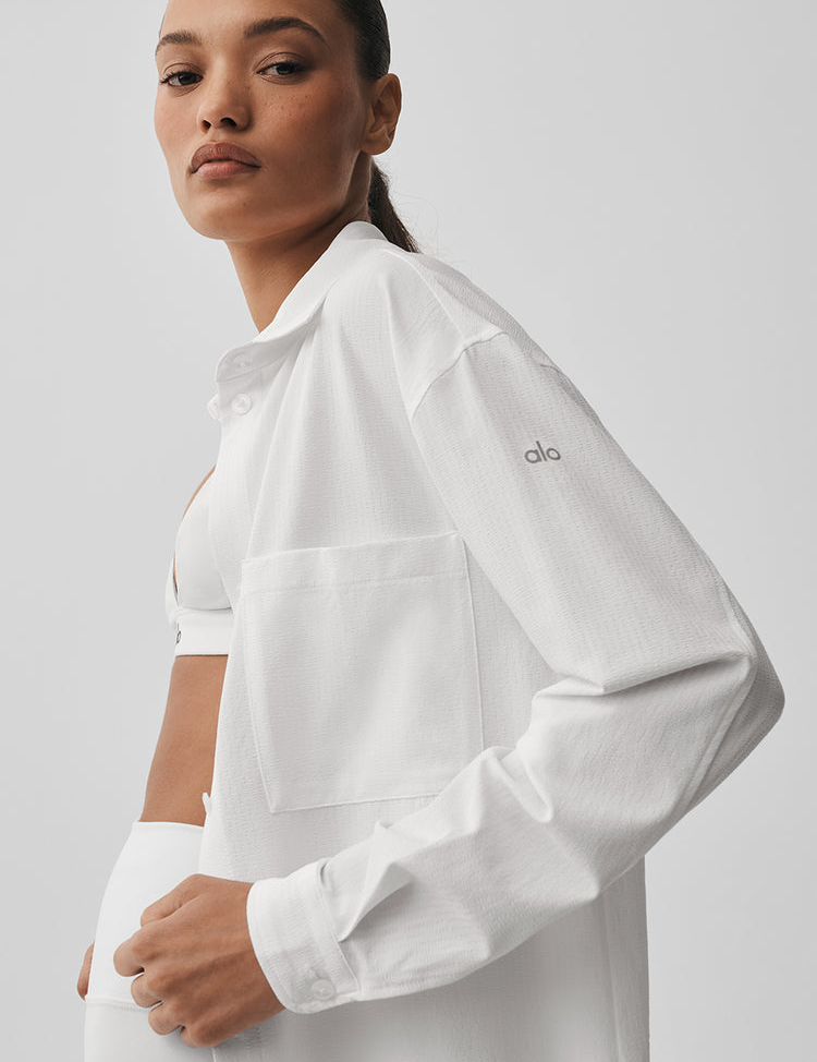Model wearing Alo Yoga Dreamscape Button Down Long Sleeve