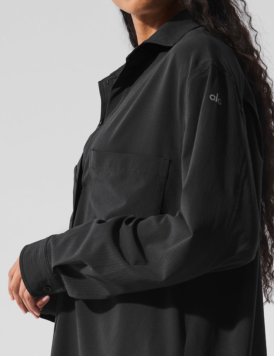 Model wearing Alo Yoga Dreamscape Button Down Long Sleeve