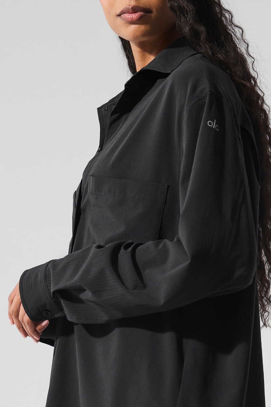 Model wearing Alo Yoga Dreamscape Button Down Long Sleeve