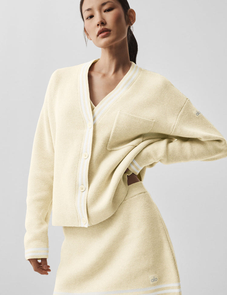 Cream sweater knit cardigan with open front, front view on white background