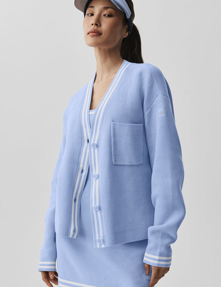 White sweater knit cardigan with open front, front view on white background