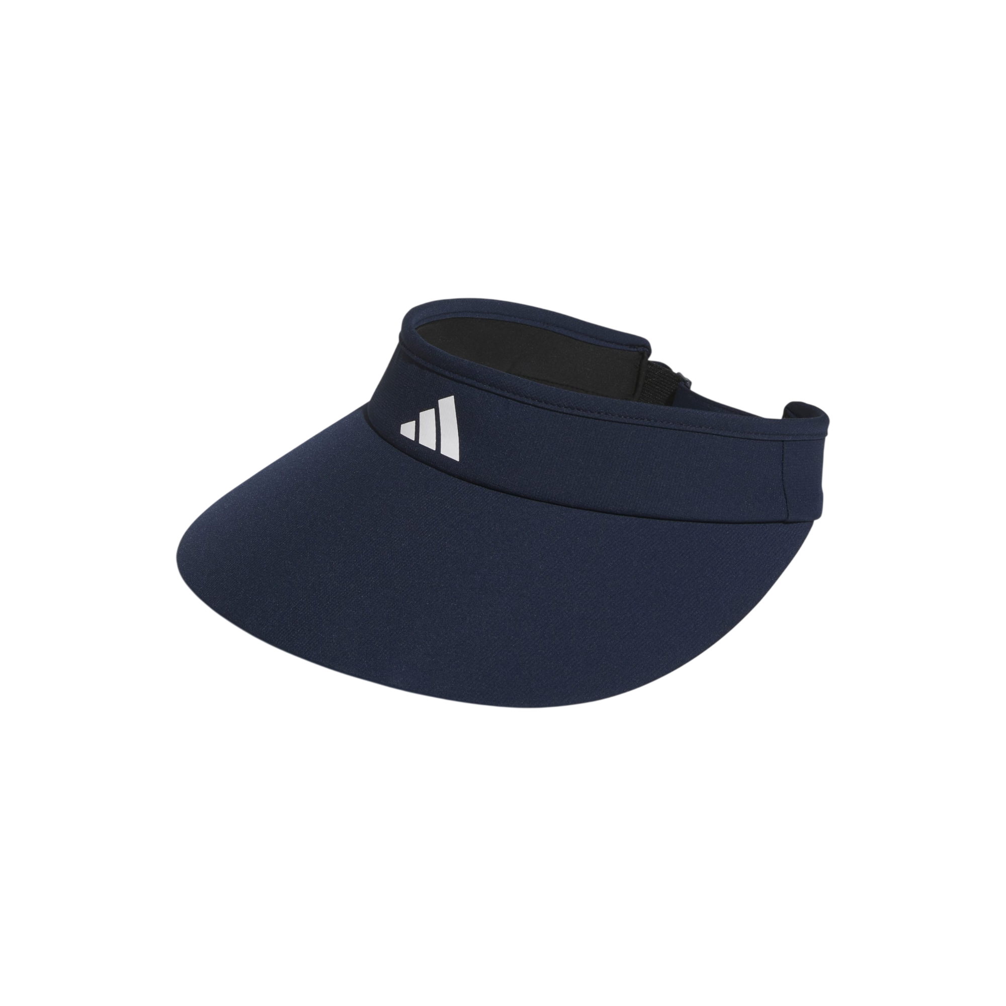 Navy blue visor with a white logo on a white background