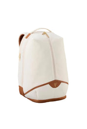 White backpack with brown accents on a white background