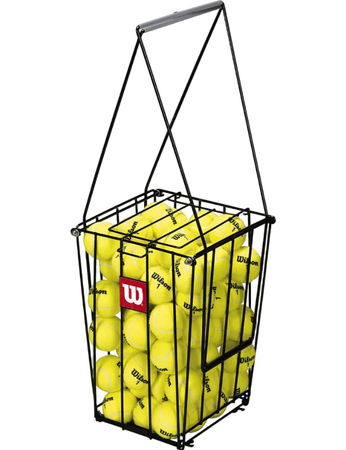 Basket filled with yellow tennis balls branded with Wilson on a white background