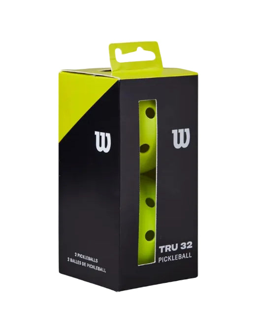 Wilson pickleball packaging with two balls inside, on a black and green box.