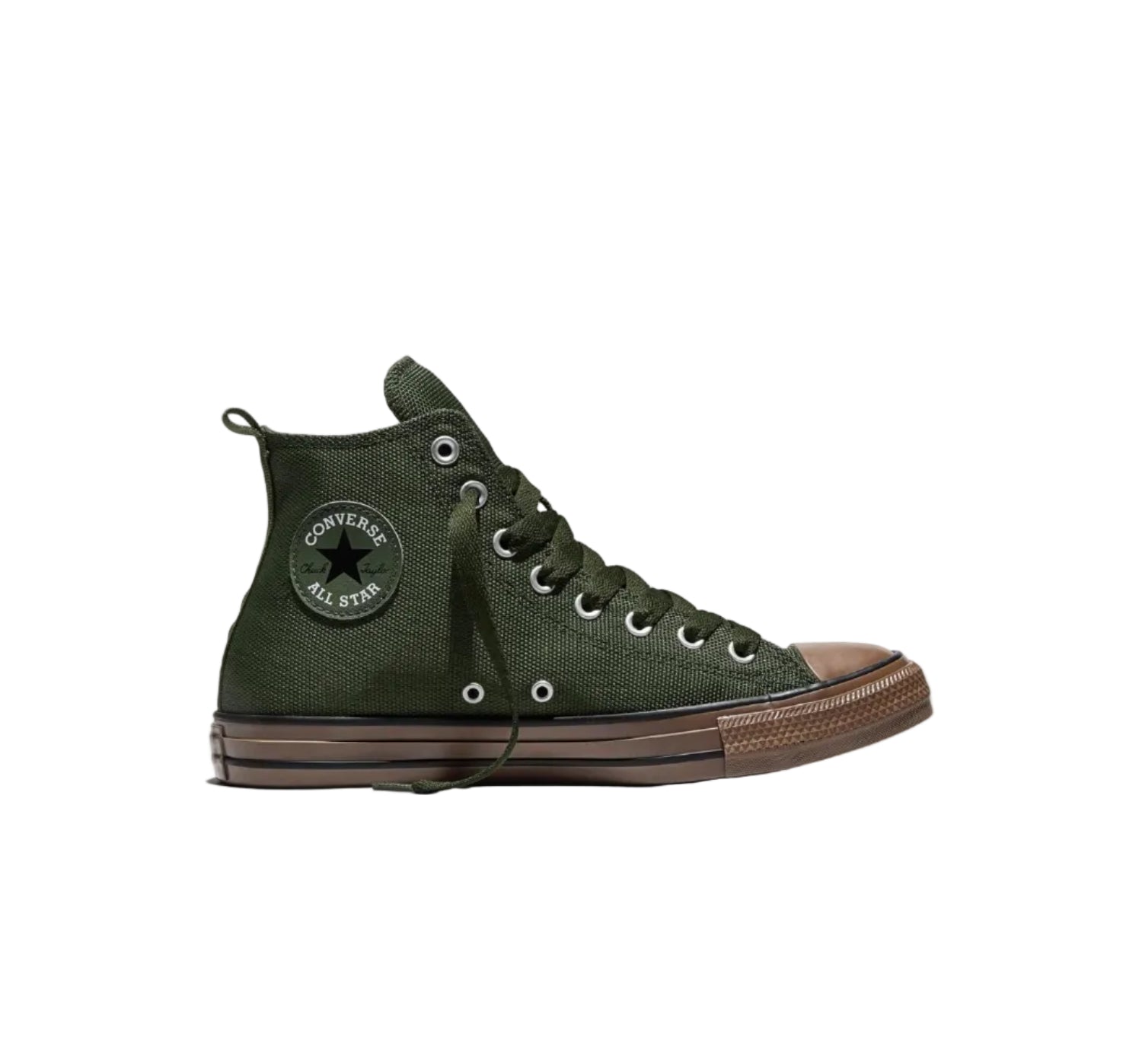 Green and natural high top canvas sneaker with sport detailing, front view on white background