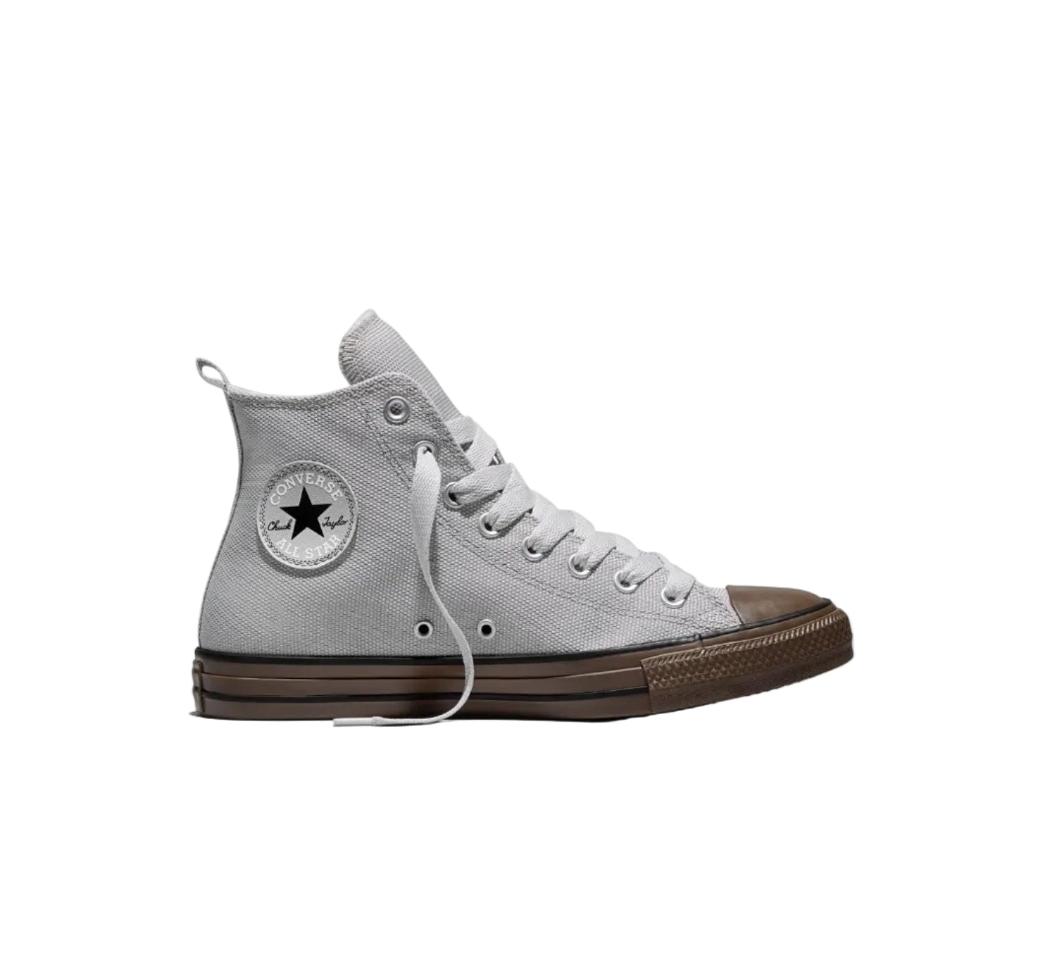 Grey high top canvas sneaker with sport detailing, front view on white background