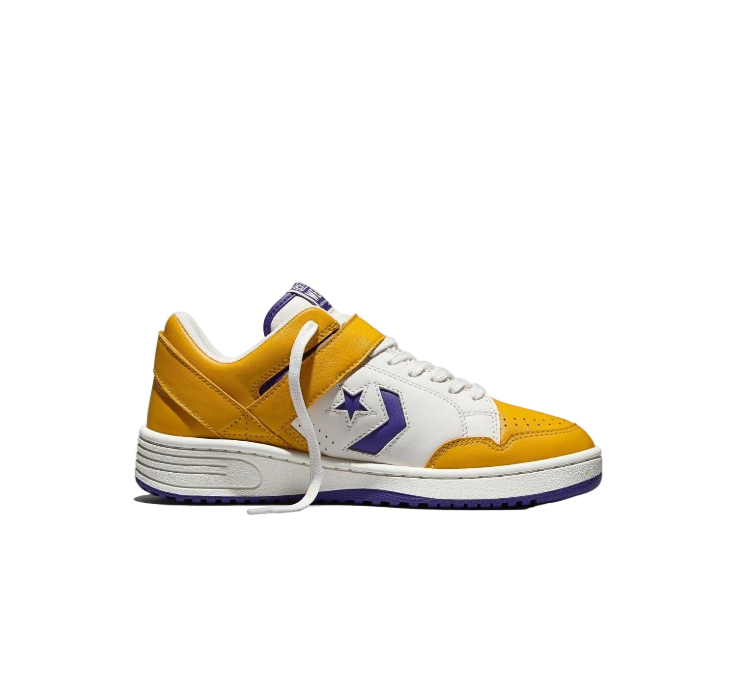 Vintage white low top leather sneaker with collaborative branding, front view on white background