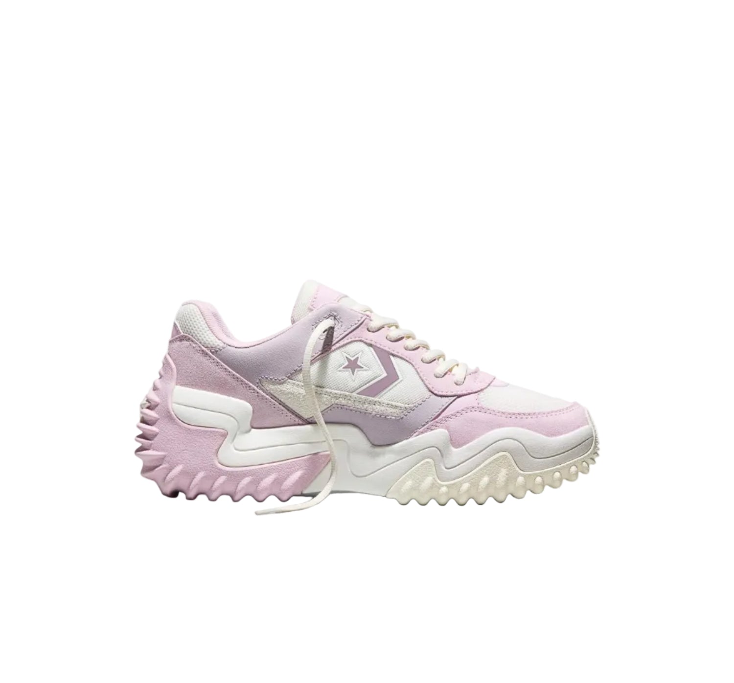 Pink low top trainer with floral print and chunky sole, front view on white background