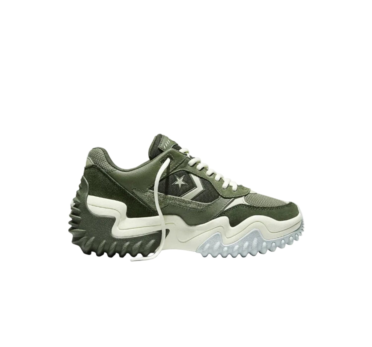 Utility tan low top trainer with chunky sole, front view on white background