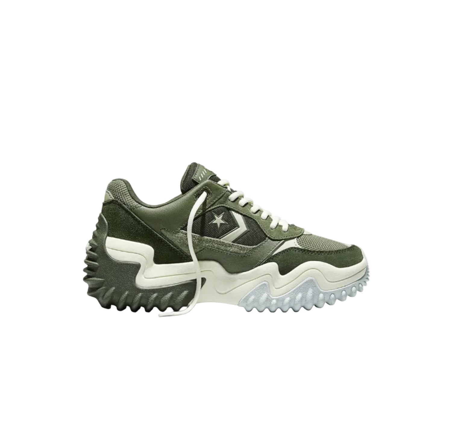 Utility tan low top trainer with chunky sole, front view on white background