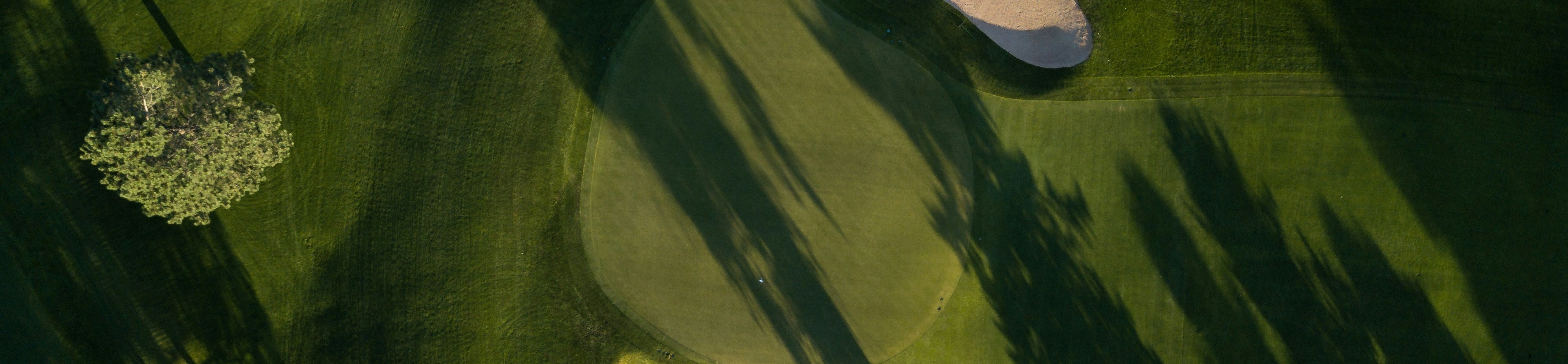 Golf course with sand bunkers and trees from an aerial perspective