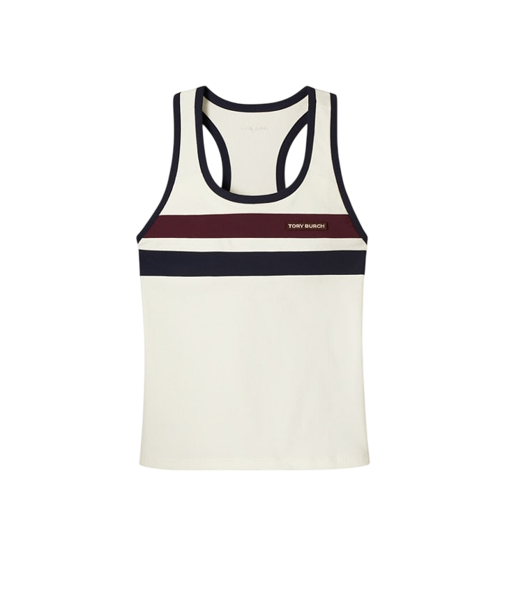 White double-stripe tennis tank, front view on white background