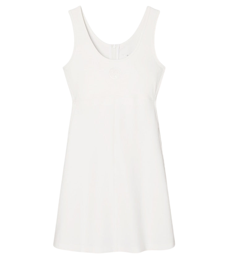 White embossed logo tennis dress, front view on white background