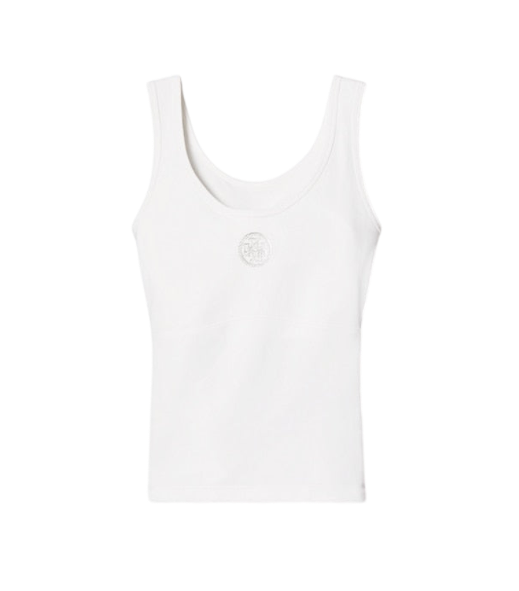 White embossed tennis tank, front view on white background