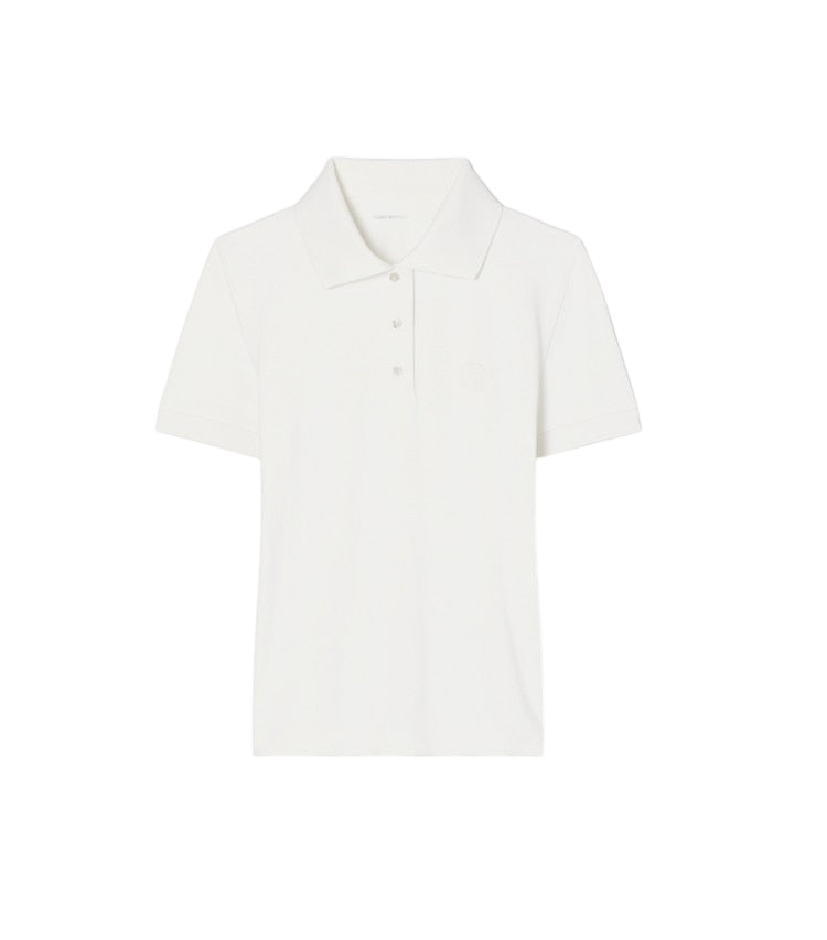 White embroidered logo tennis polo, front view on white background