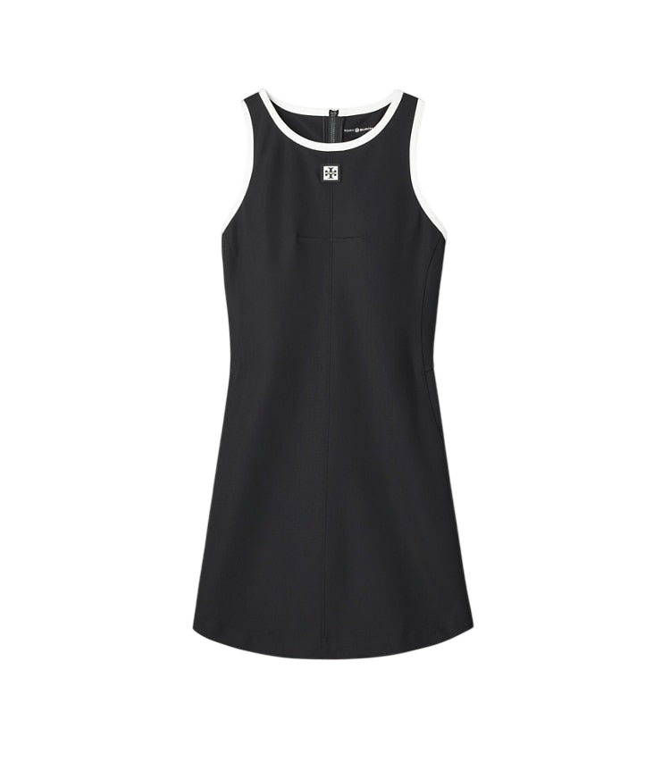 White jersey racerback tennis dress, front view on white background