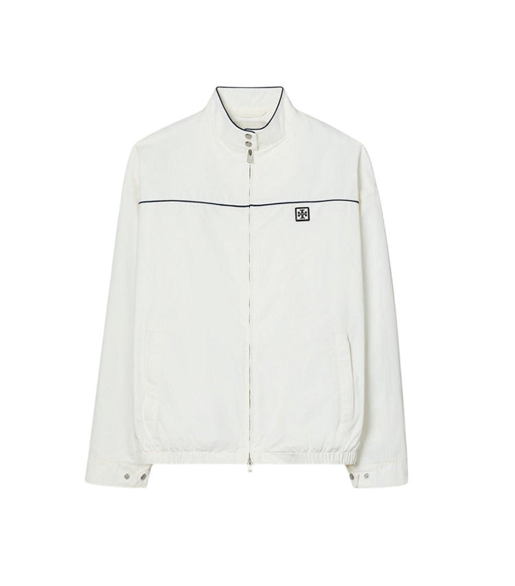 White oversized nylon tennis jacket, front view on white background
