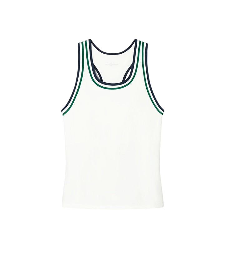 White jersey racerback tennis tank, front view on white background
