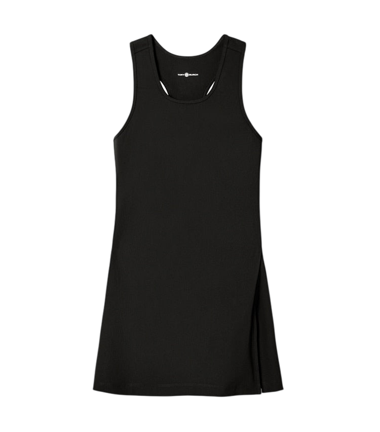 White performance jersey side-slit tennis dress, front view on white background