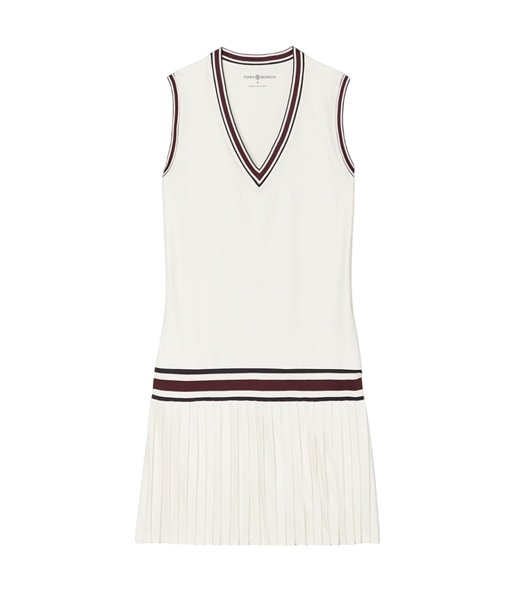 White performance jersey v-neck tennis dress, front view on white background