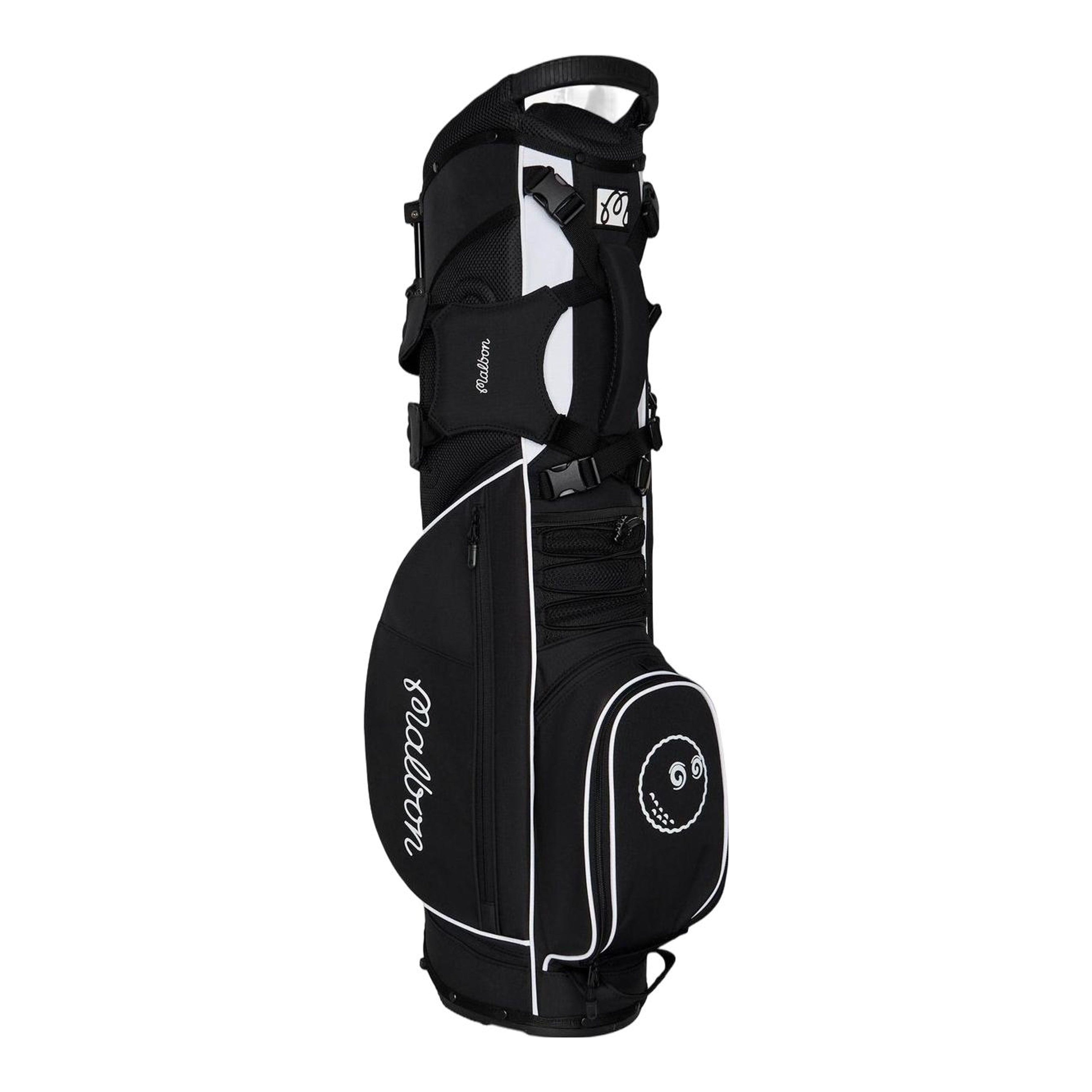 Black golf bag with white accents on a white background