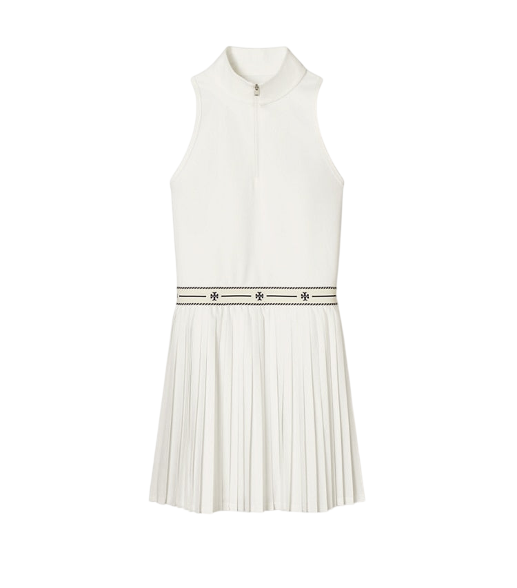 White quarter-zip pleated tennis dress, front view on white background