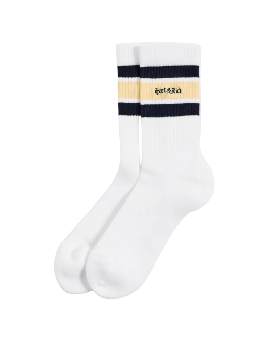 Sporty & Rich Serif Logo Socks laid flat on a white background