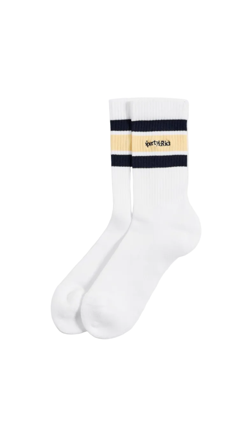 Sporty & Rich Serif Logo Socks laid flat on a white background