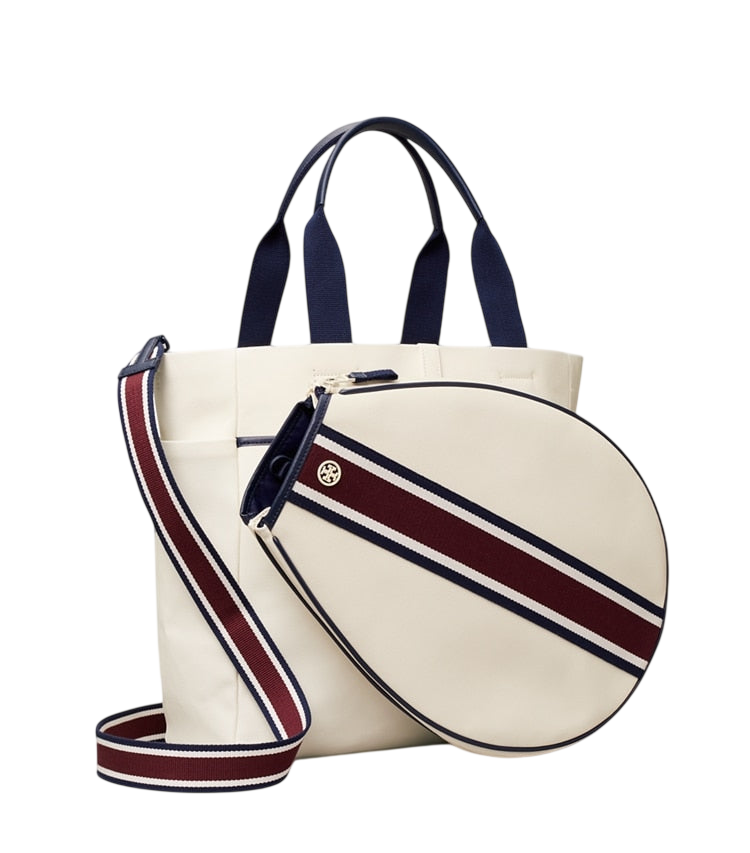 Striped striped tennis tote, front view on white background