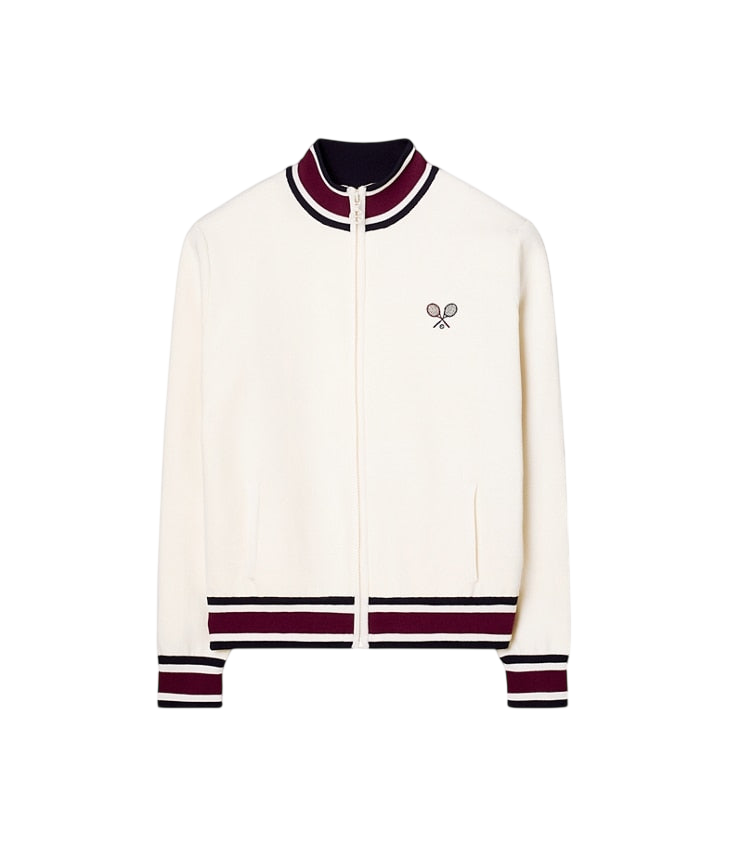 White tech knit tennis jacket, front view on white background