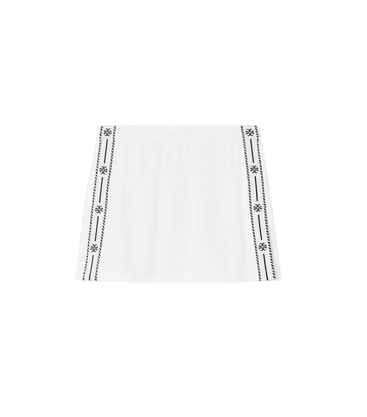 White tech piqué logo stripe tennis skirt, front view on white background
