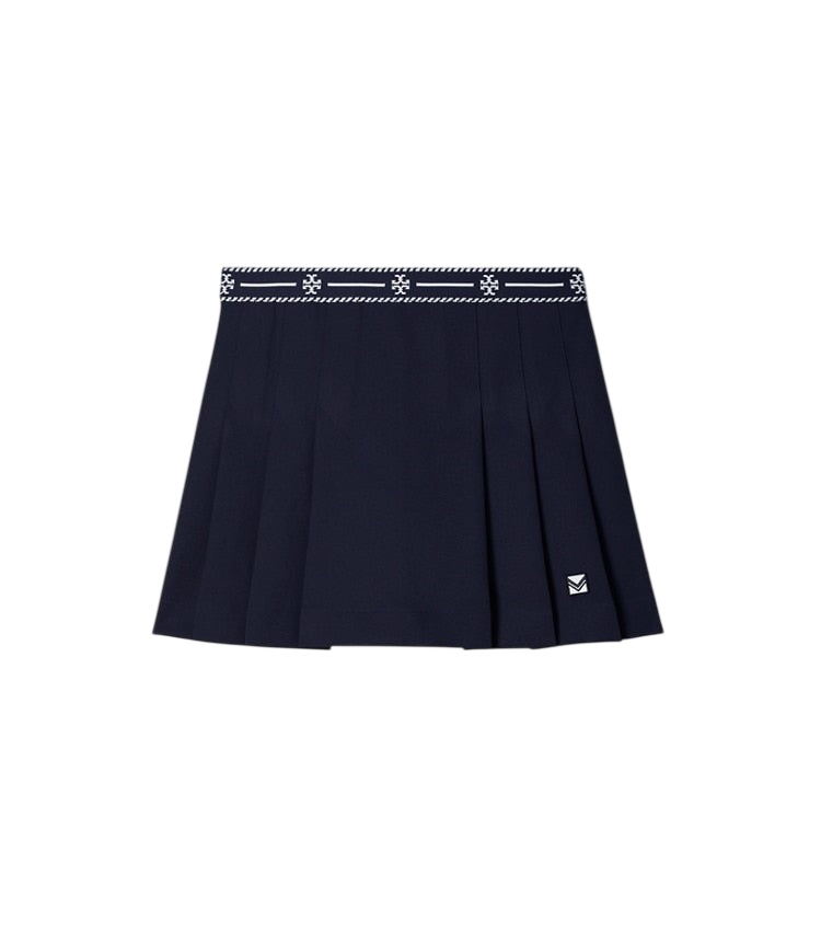 White tech twill logo tape tennis skirt, front view on white background