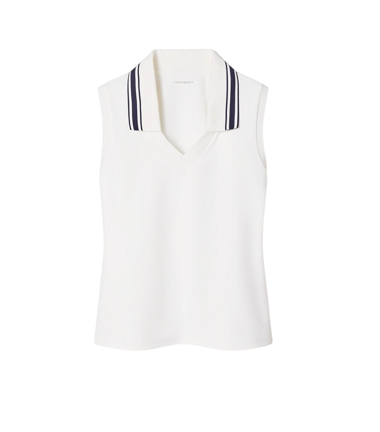 White v-neck tennis tank, front view on white background