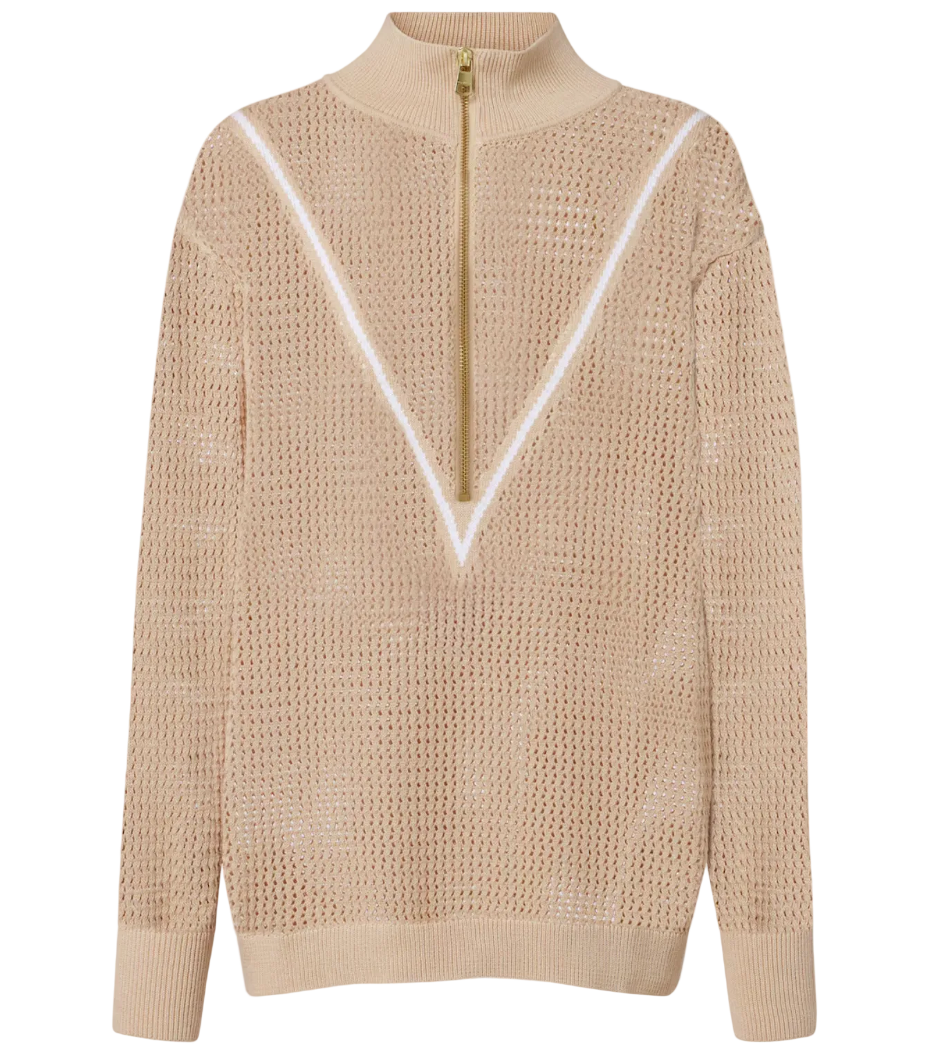 Beige knit sweater with a zipper on a light gray background