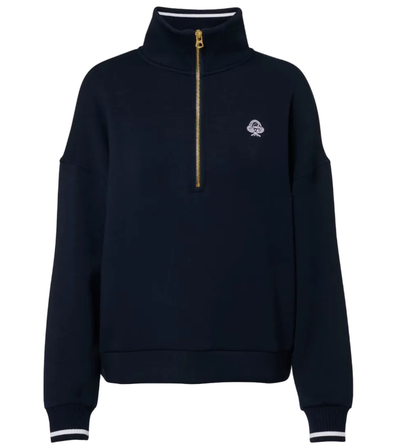 Navy blue half-zip sweatshirt with a small logo on a light gray background