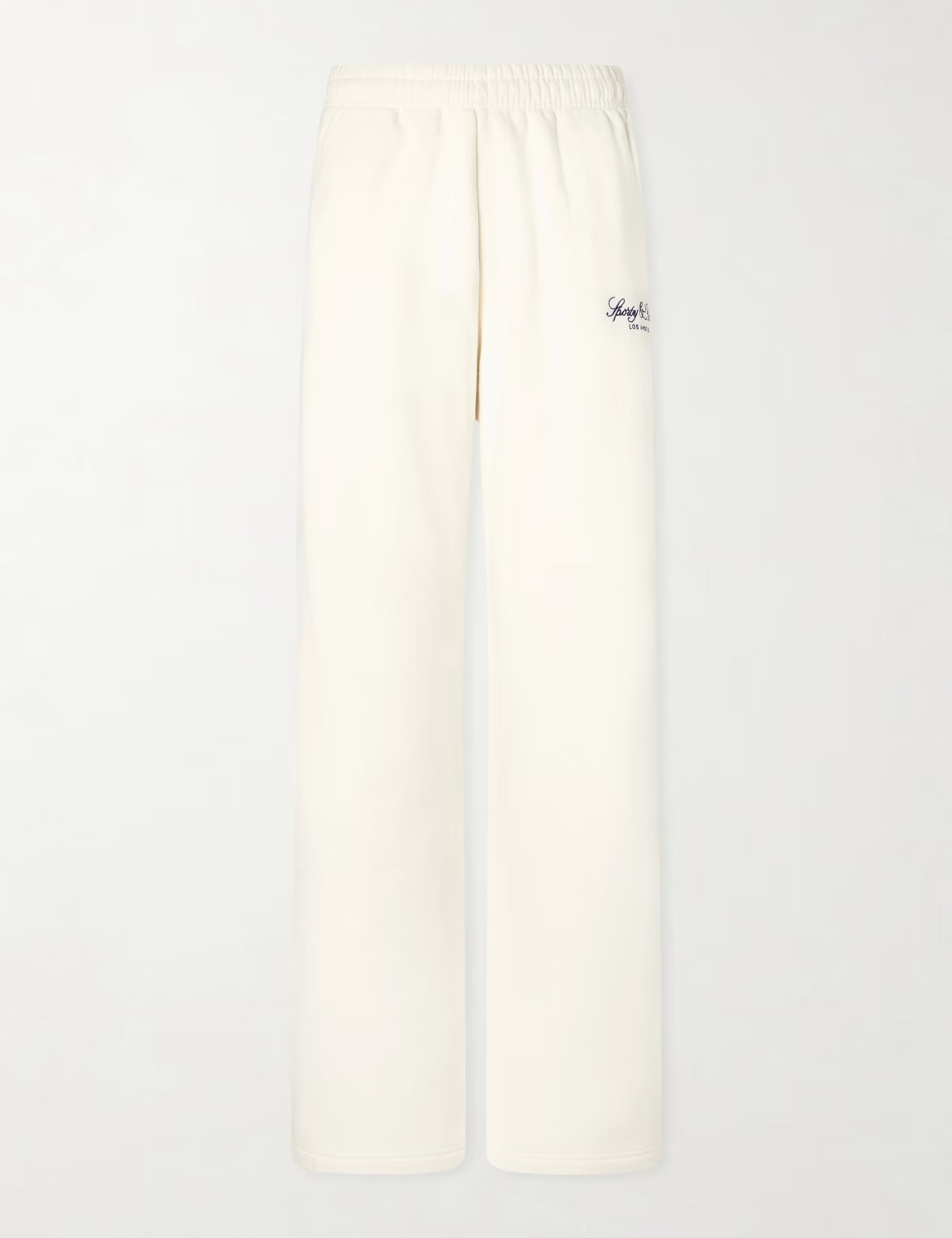White pants with a brand logo on a light gray background