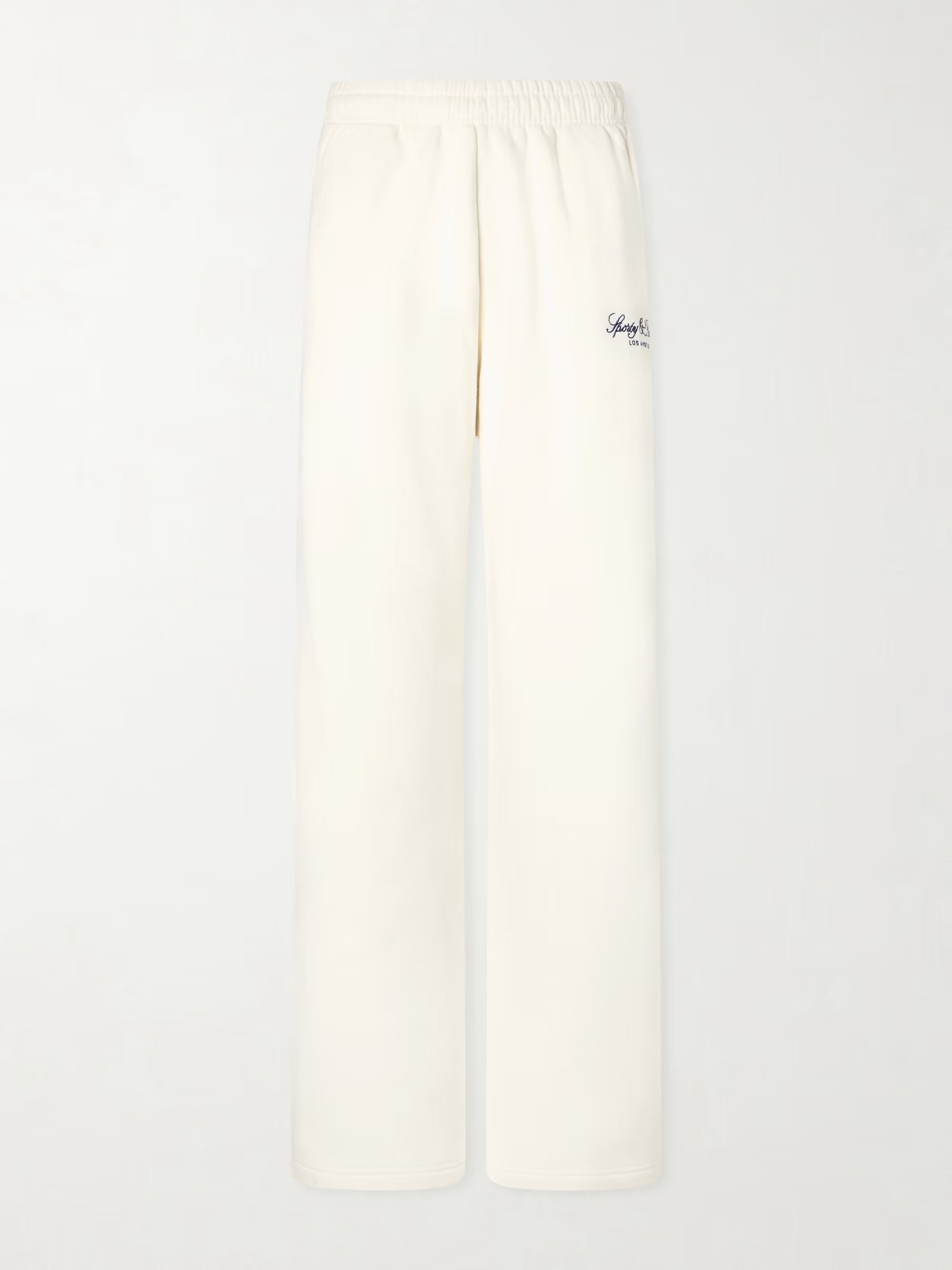 White pants with a brand logo on a light gray background