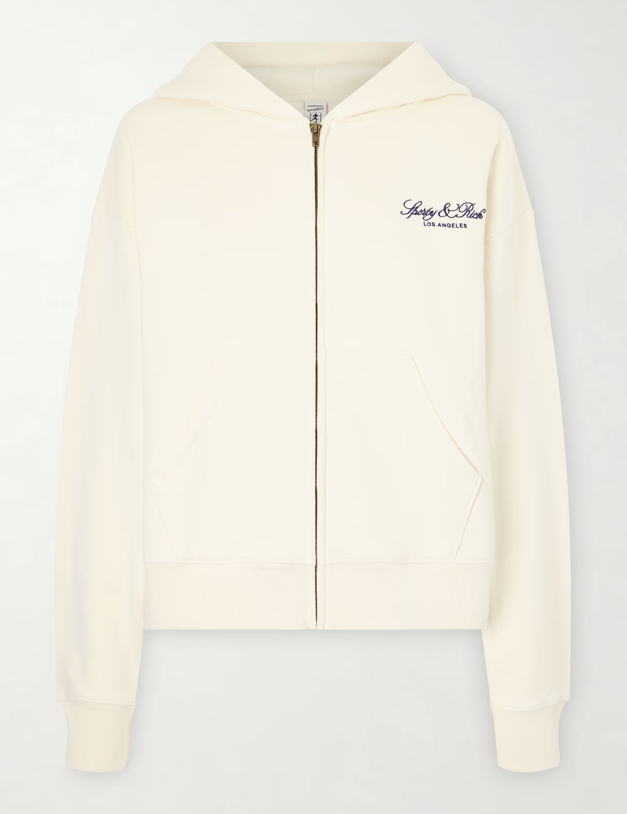 white tracksuit top with gold zipper up the front with sporty & rich logo on left chest