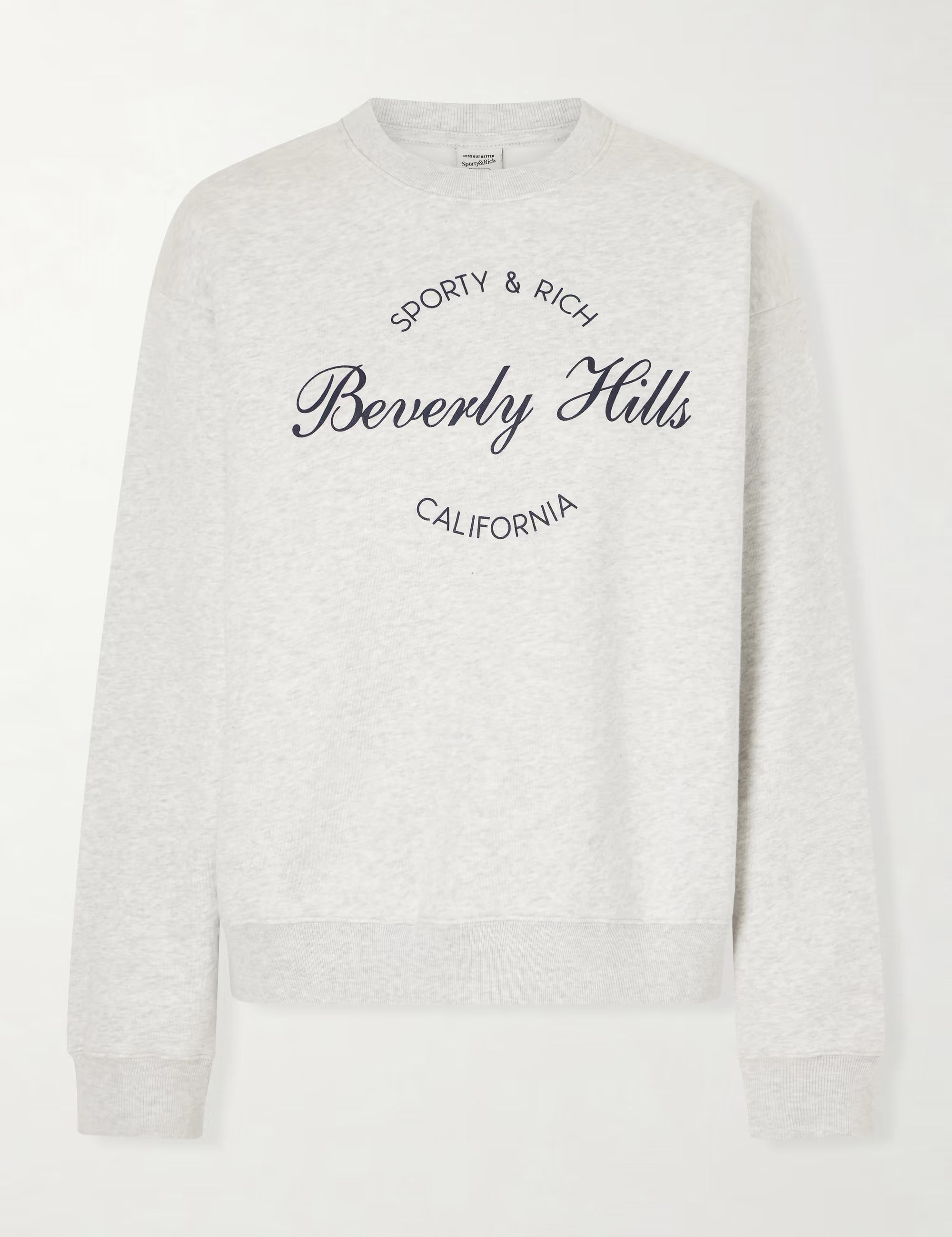 Gray sweatshirt with 'Sporty & Rich Beverly Hills California' text on a white background