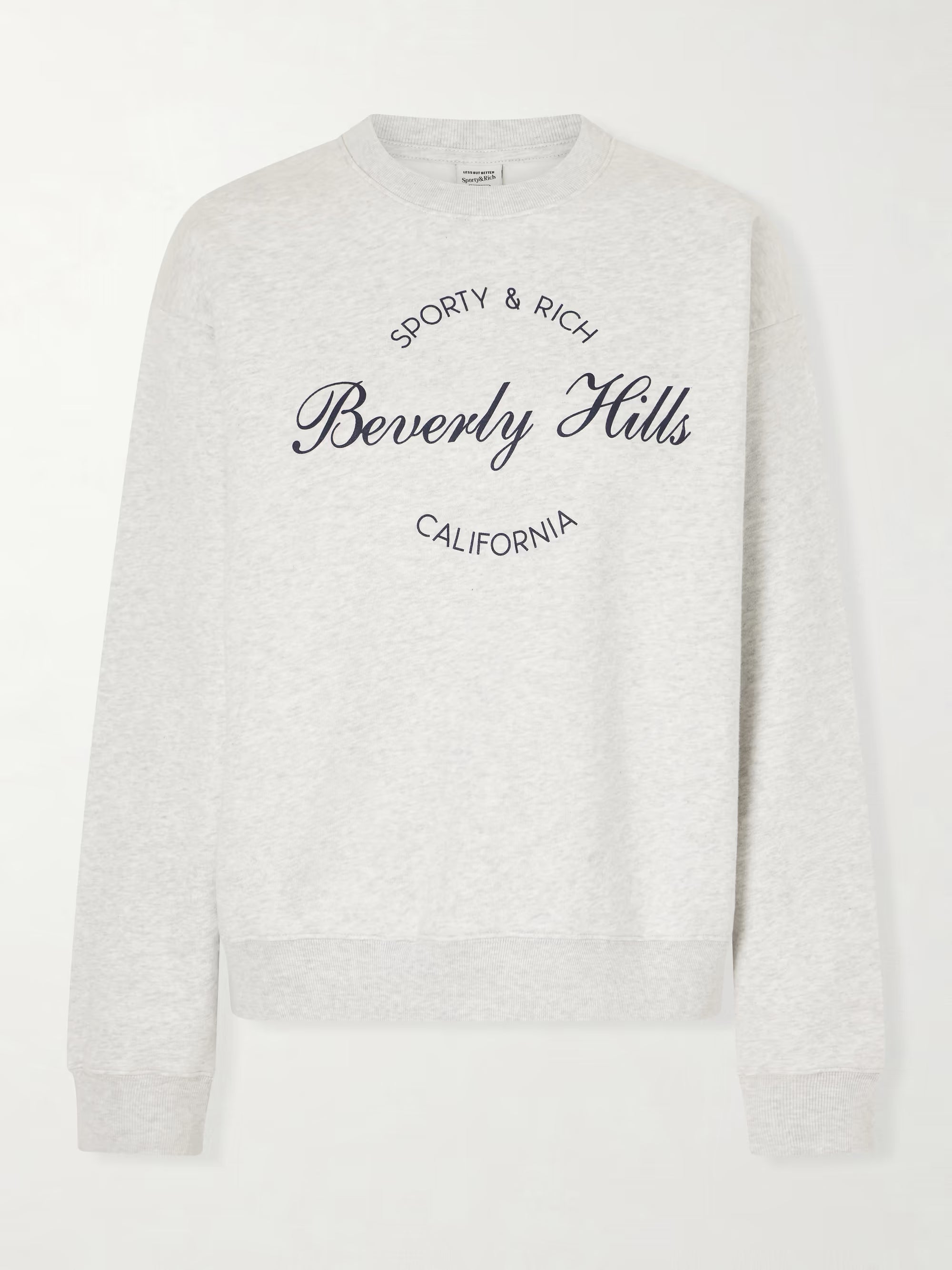 Gray sweatshirt with 'Sporty & Rich Beverly Hills California' text on a white background